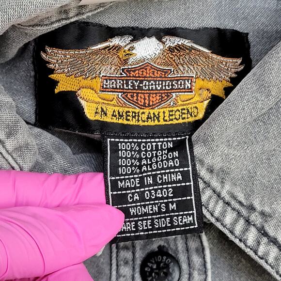 Harley-Davidson Denim Button Shirt Womens Medium 20x26 Gray - Picture 7 of 16